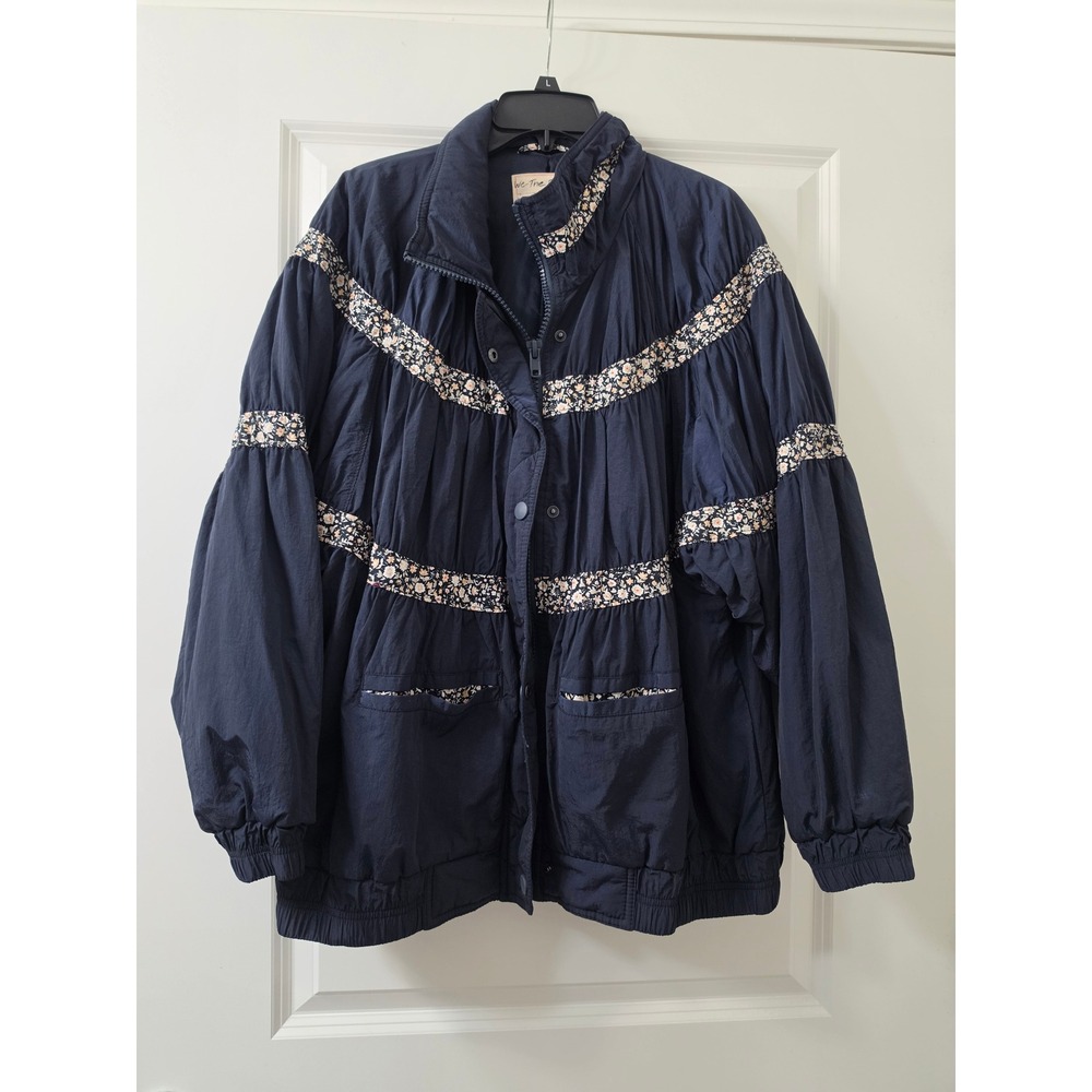 Free People We The Free Navy Blue Floral Tiered Ruffle Nylon Bomber Jacket L